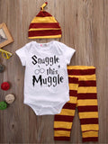 Snuggle this Muggle Outfit Short Sleeve Romper Bodysuit Long Pants Hat - BeeBee Cakes