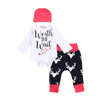 3 Piece Worth the Wait Baby Girl Onesie, Pants, and Hat Set - BeeBee Cakes