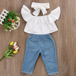 3 Piece Toddler Girl's Off the Shoulder Wide Sleeve White Shirt and Frayed Jeans Set - BeeBee Cakes